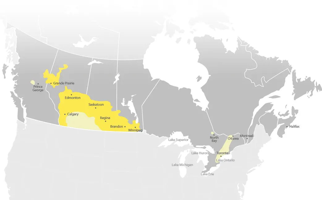 A map of Canada showing canola growing